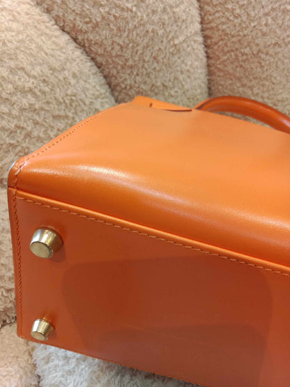 Hermes Kelly 28 Boxcalf Poppy Orange Stamp F Square