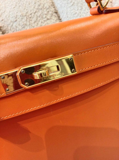 Hermes Kelly 28 Boxcalf Poppy Orange Stamp F Square