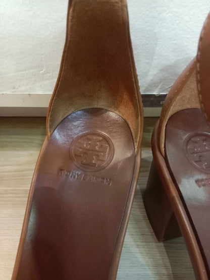 Tory Burch Gabrielle Leather City Heels Sandals Royal Tan