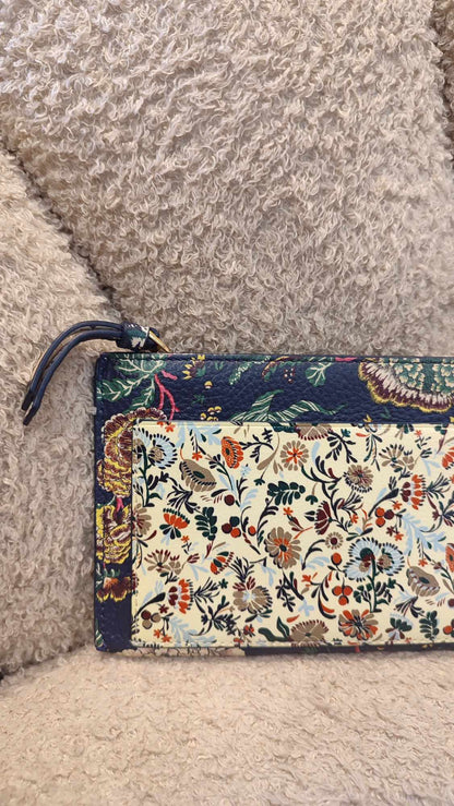 Tory Burch Floral Long Wallet Blue with Long Tassel Scarf Key Fob