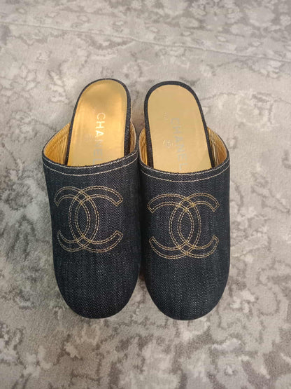Chanel Sabot Coco Mark Denim Vintage Sandals Size 36