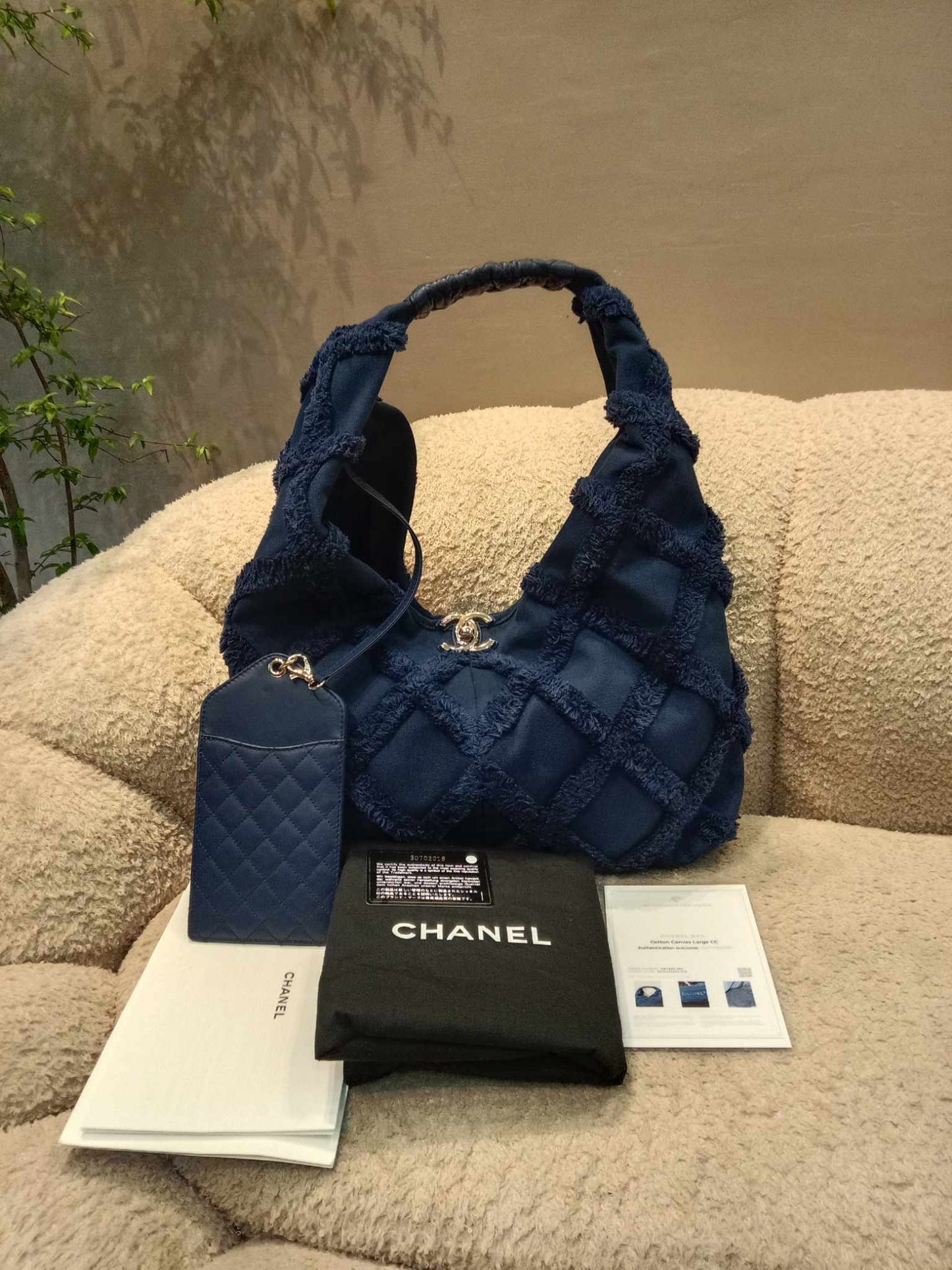 Chanel Cotton Canvas Large CC Embrace Hobo Navy Blue Bag