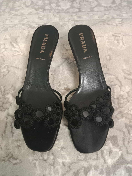 Prada Crochet & Sequin Black Kitten Heels Size 37 1/2