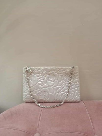 Chanel Lavender Lambskin Camellia Pochette Bag Series 18