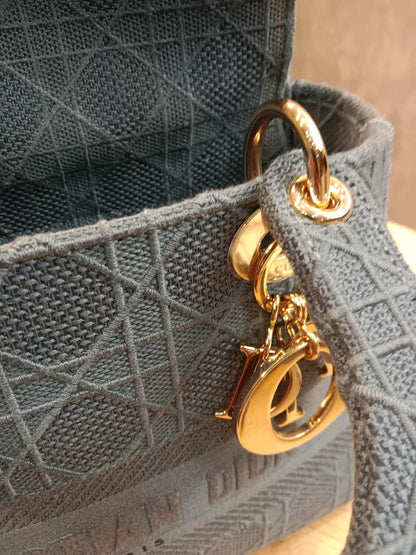 Dior Canvas Embroidered Cannage Medium Lady D-Lite Denim Blue