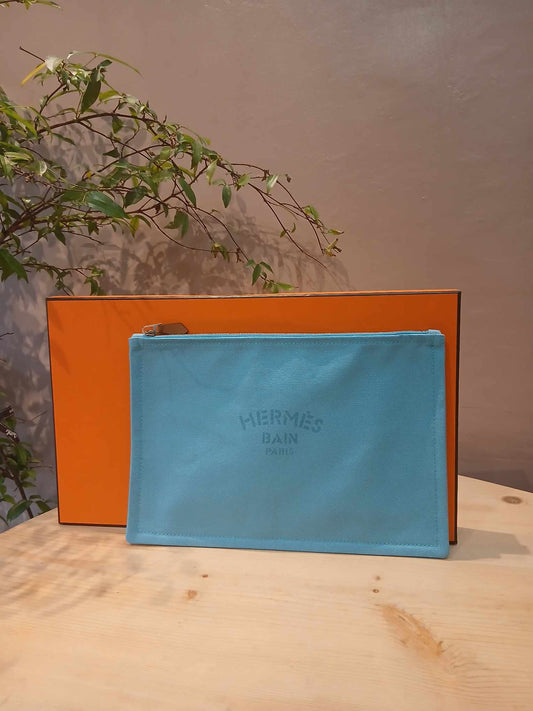 Hermes Bain Pouch Light Bllue Canvas Large