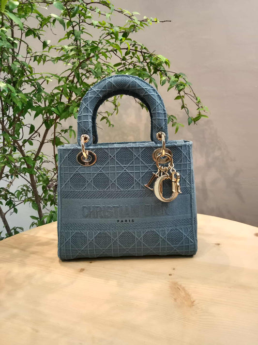 Dior Canvas Embroidered Cannage Medium Lady D-Lite Denim Blue