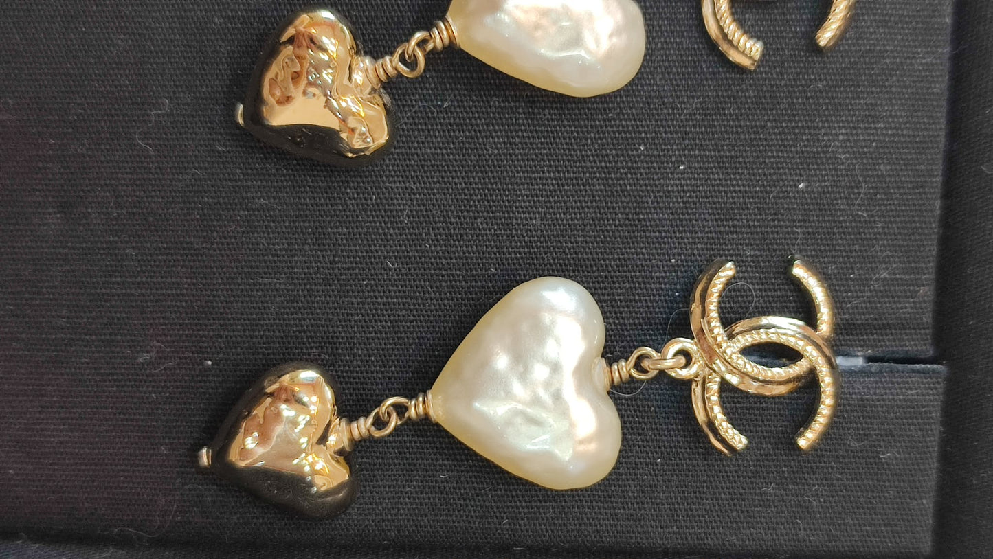 Chanel 22C Heart Pearly White CC Logo Dangling Earrings