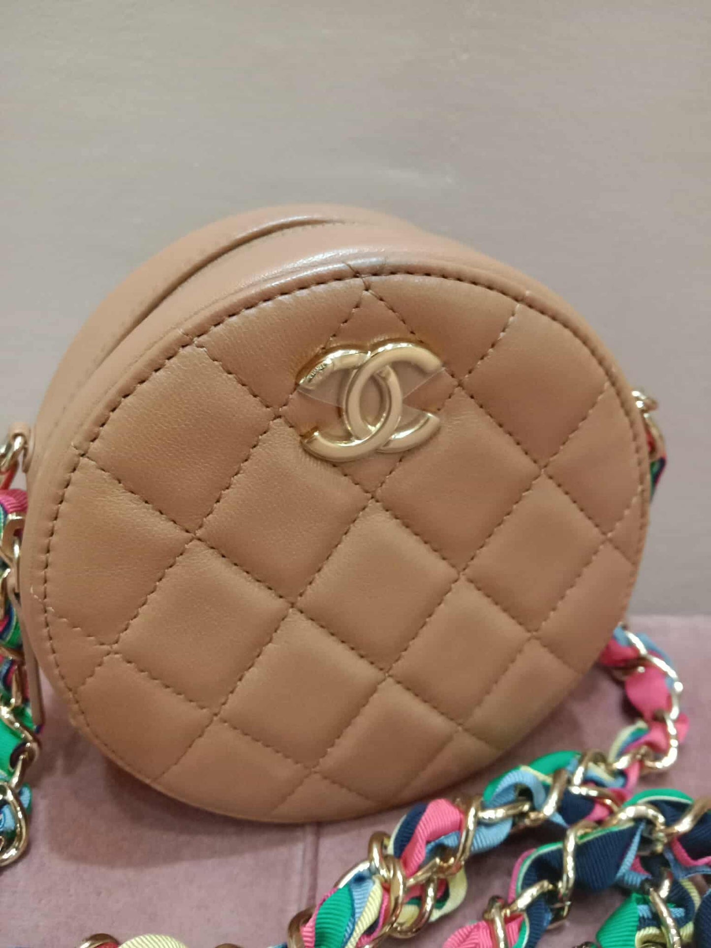 Chanel 21P Round Clutch Lambskin with Multicolor Ribbon-Woven Chain Strap Caramel Series 30