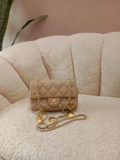 Chanel Seasonal Flap Heart Charms Beige Microchipped