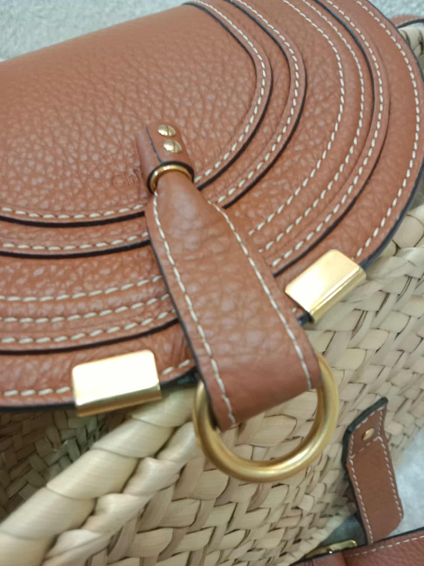 Chloe Marcie Leather Trimmed Raffia Basket Bag Tan