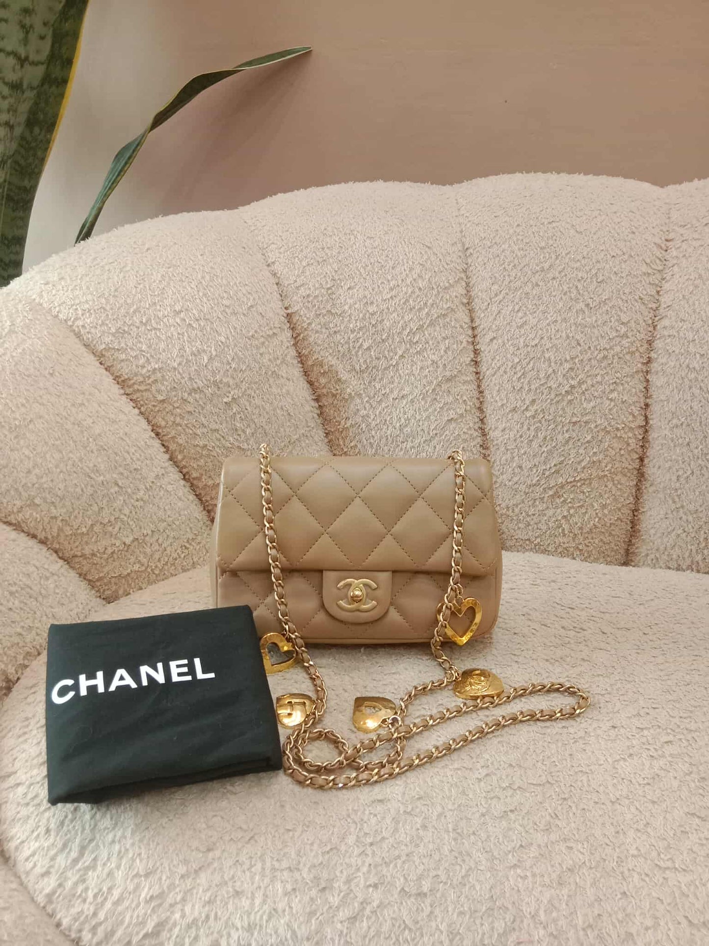 Chanel Seasonal Flap Heart Charms Beige Microchipped