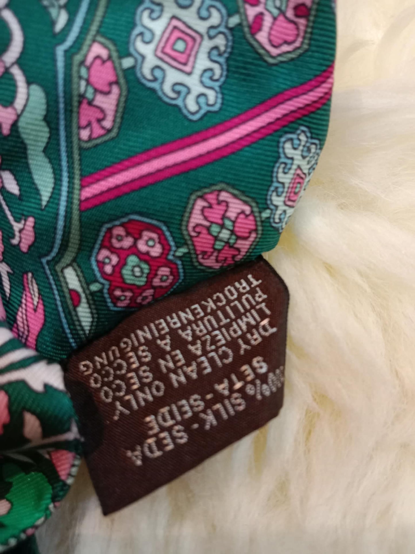 Hermes Tapis Persans Silk Twilly Scarf Featuring an Intricate Floral Pattern in Teal Green/Blue/Pink