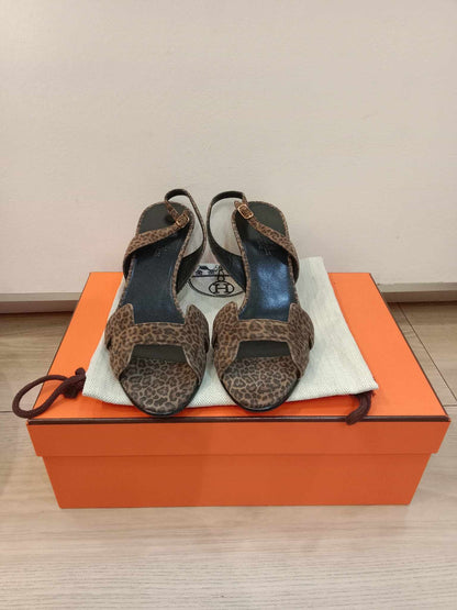 Hermes Leopard Print Suede Night Slingback Sandals Size 37