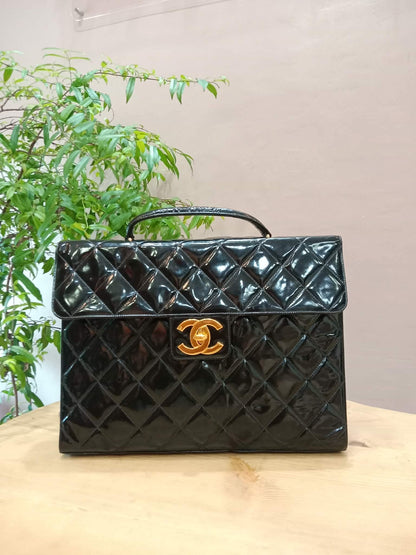 Chanel Vintage Briefcase Quilted Patent Black