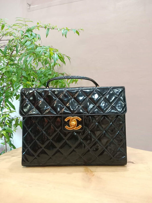 Chanel Vintage Briefcase Quilted Patent Black