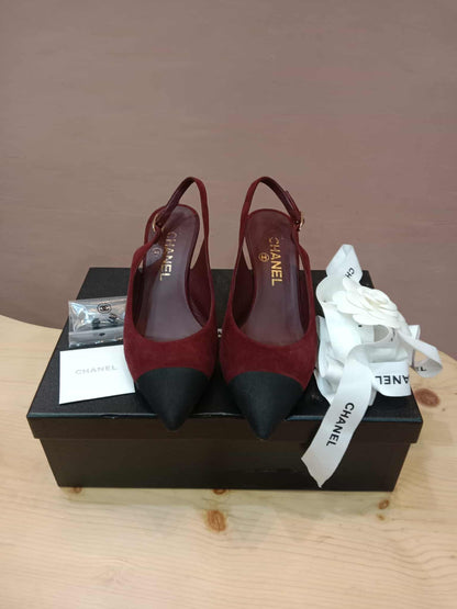 Chanel Suede Slingback Mules Maroon 37C