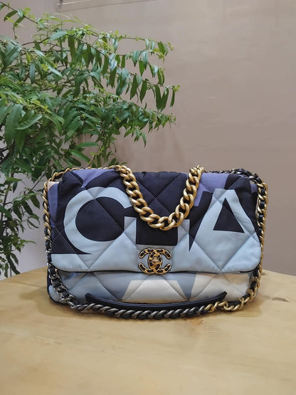 Chanel 19 Printed Silk Blue-Toned Quilted Maxi Flap Bag Series 30