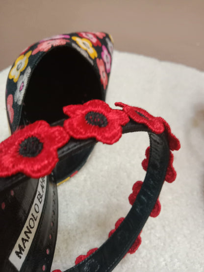 Manolo Blahnik Chamaca 70 Floral Print inen Mule Heels Size 36