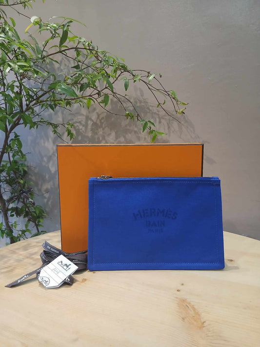 Hermes Bain Pouch Royal Blue Canvas Small