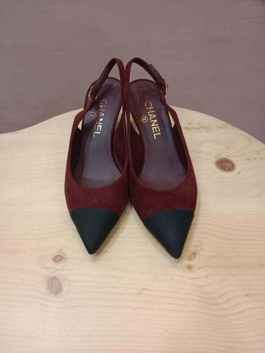 Chanel Suede Slingback Mules Maroon 37C