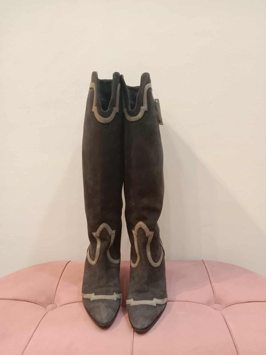 Hermes Knee-High Boots Suede Chocolate Brown Size 37