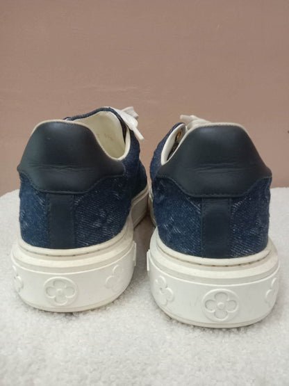 Louis Vuitton Time Out Sneakers Dark Blue Denim Monogram Embossed Pattern Size 37.5