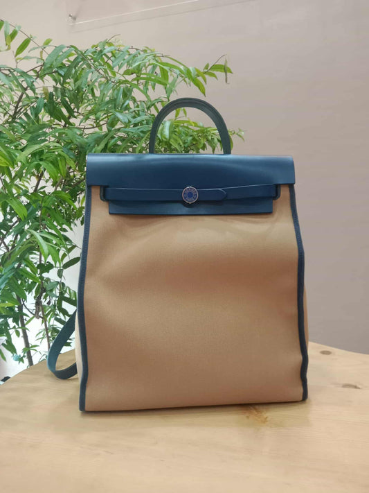 Hermes Herbag Ado Zip Backpack Canvas Bicolor Tan/Blue Stamp U 2022