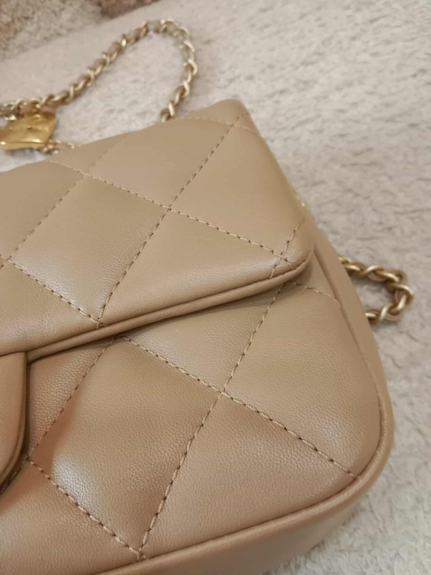 Chanel Seasonal Flap Heart Charms Beige Microchipped