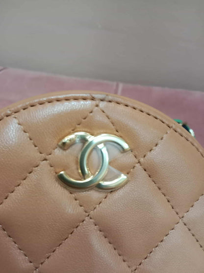 Chanel 21P Round Clutch Lambskin with Multicolor Ribbon-Woven Chain Strap Caramel Series 30