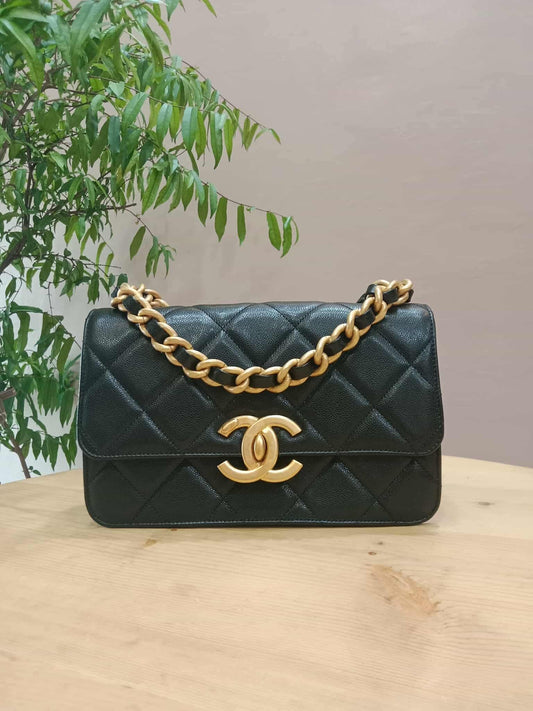 Chanel 24A Quilted Caviar Single Flap Bag Black Microchipped