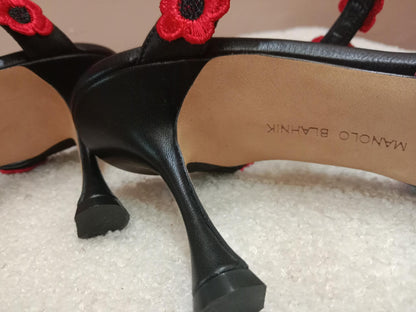 Manolo Blahnik Chamaca 70 Floral Print inen Mule Heels Size 36