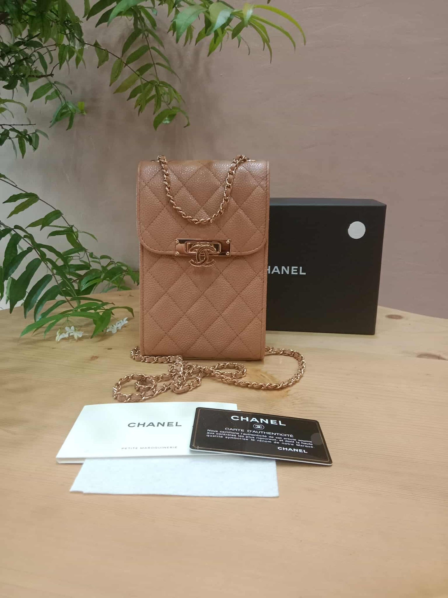 Chanel Golden Class Phone Holder Caviar Crossbody Bag Beige Series 25