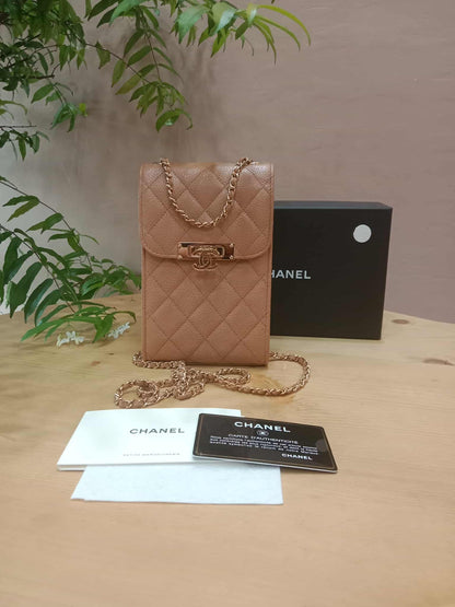 Chanel Golden Class Phone Holder Caviar Crossbody Bag Beige Series 25