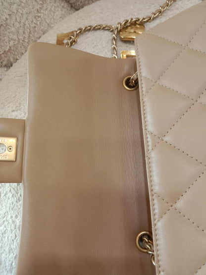 Chanel Seasonal Flap Heart Charms Beige Microchipped
