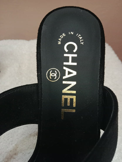 Chanel Pearl Heel Mules Black Suede with Pearl Embedded Heels Size 36