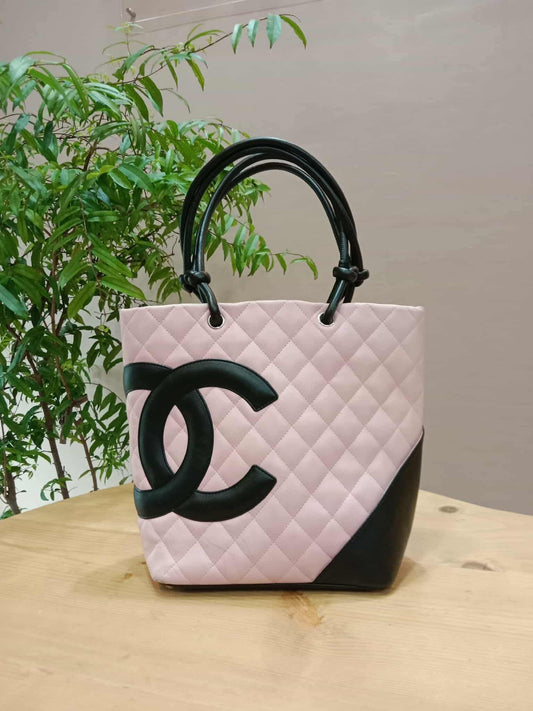 Chanel Pink and Black Quilted Leather Cambon Ligne Medium Lambskin Tote Bag Series 9