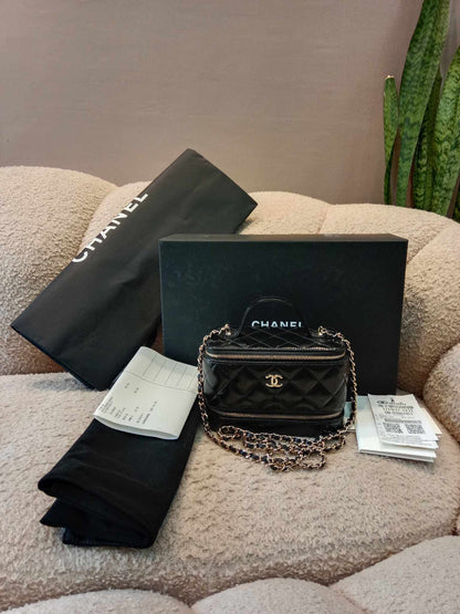 Chanel Small Vanity Glazed Calfskin Chain Shoulder Black Microchipped Fullset