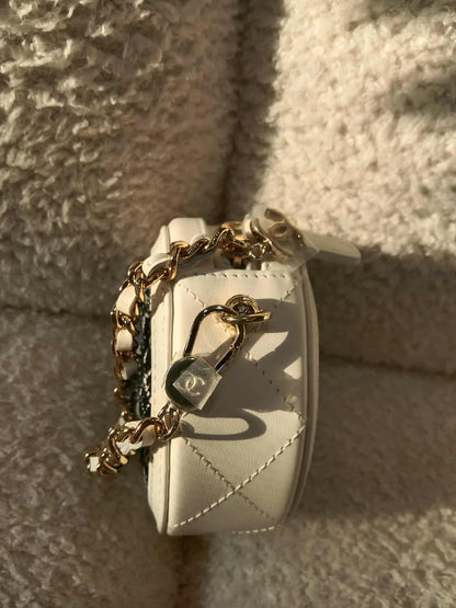 Chanel Tweed Quilted Round Filigree Pouch with Chain Black/White Microchipped