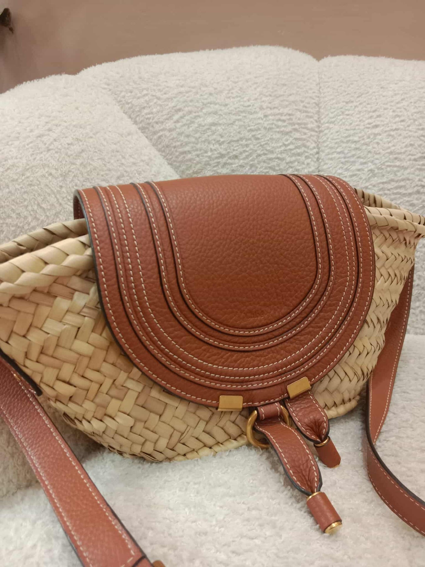 Chloe Marcie Leather Trimmed Raffia Basket Bag Tan