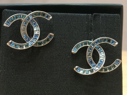 Chanel CC Silver Blue Princess Crystal Stud Earrings