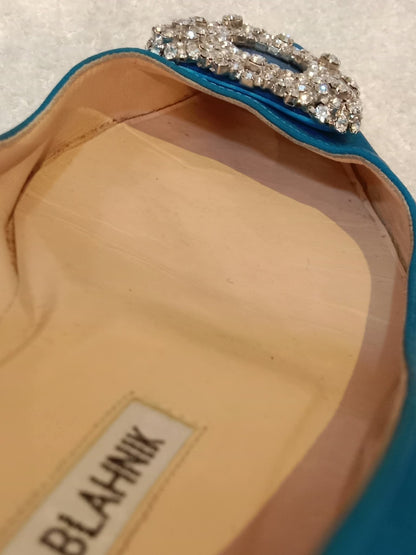 Manolo Blahnik Blue Satin Jewel Buckle Flat Pumps Size 37