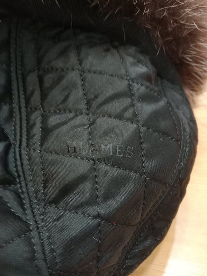 Hermes Black Quilted Leather Raccoon Winter Hat