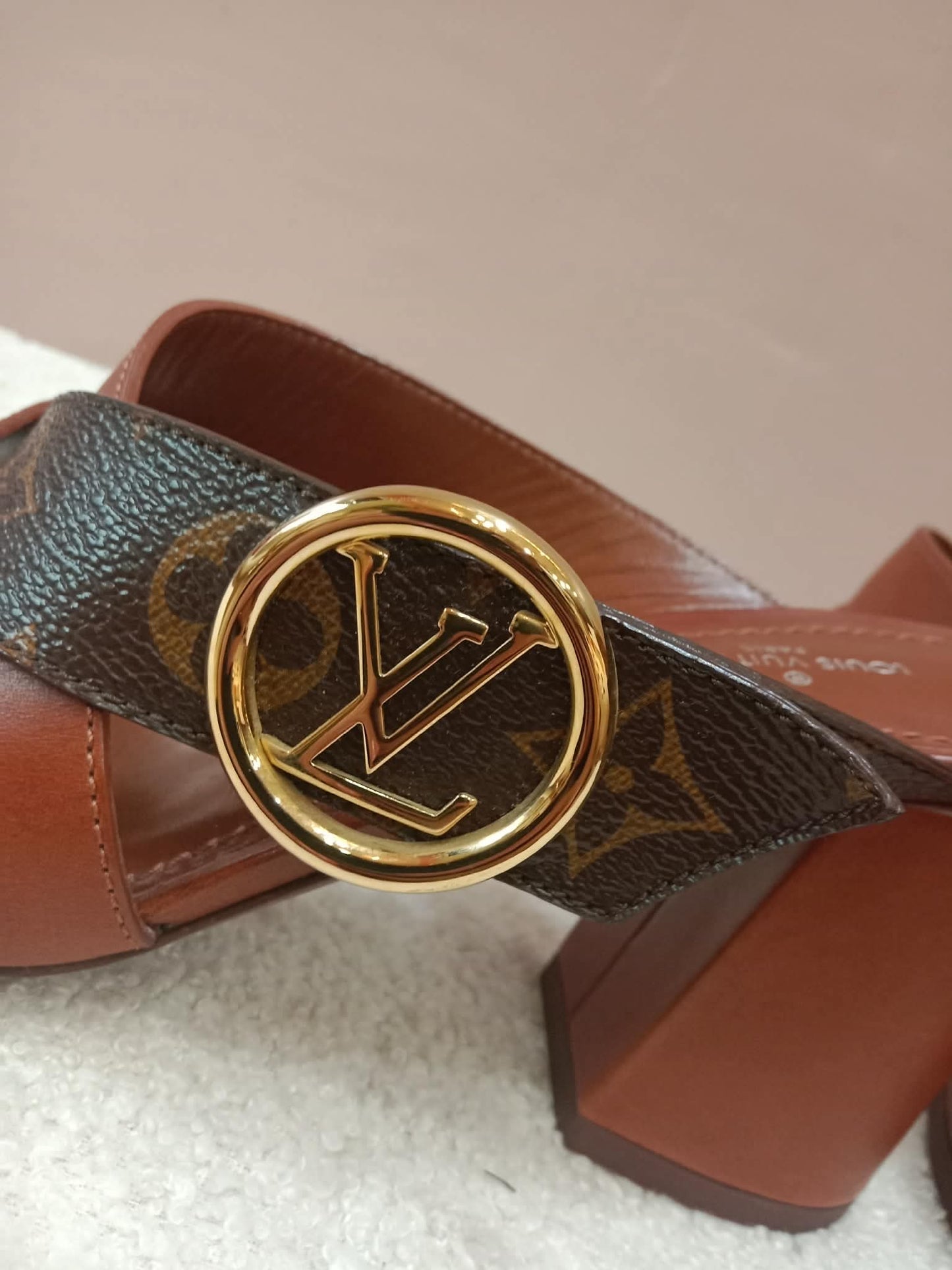 Louis Vuitton Horizon Block Heels Slide Sandals Monogram Leather Brown Size 36