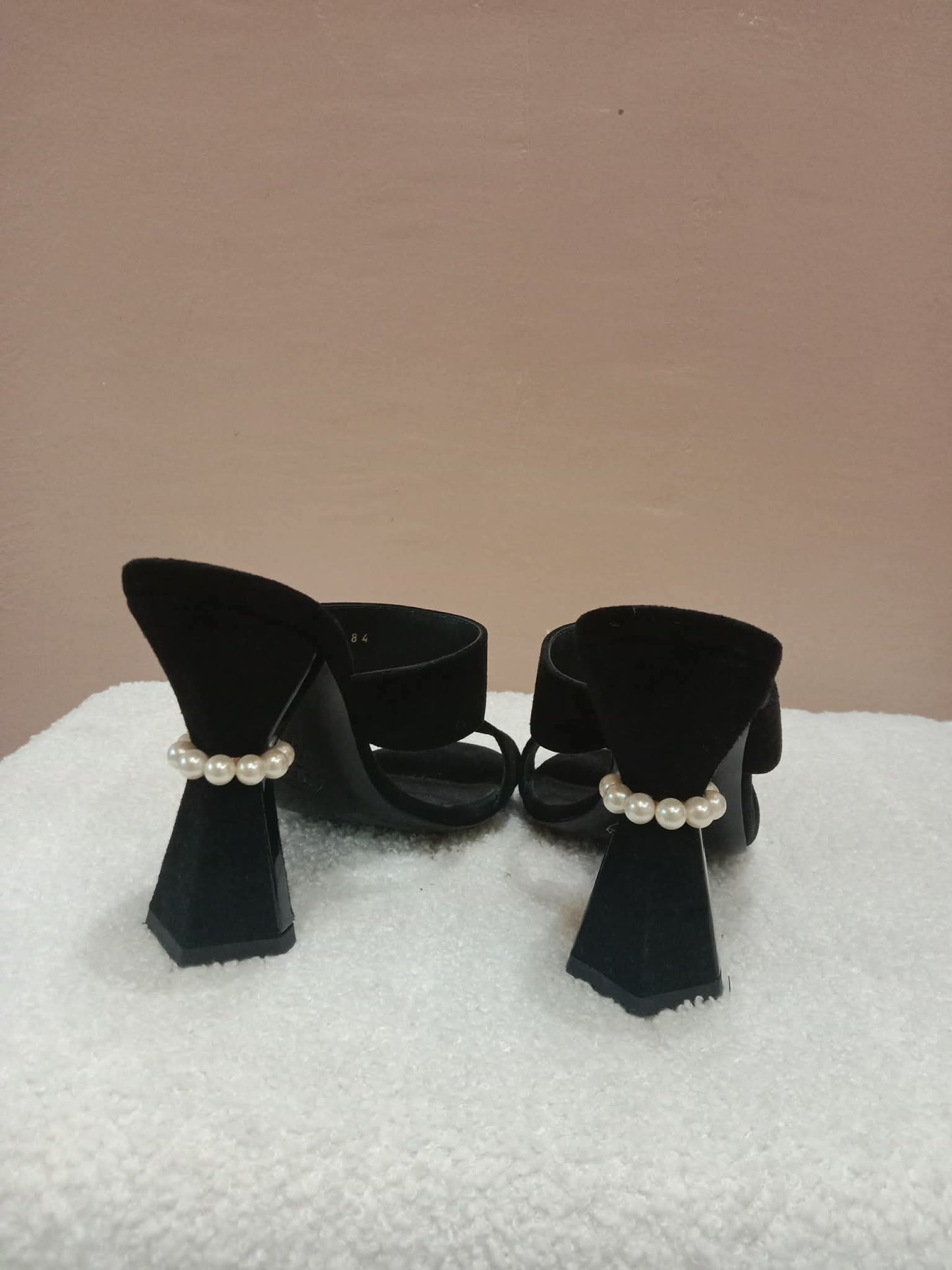 Chanel Pearl Heel Mules Black Suede with Pearl Embedded Heels Size 36