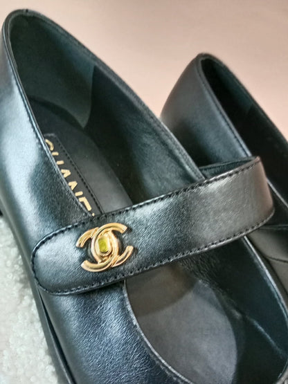 Chanel Mary Jane CC Clasp Flats Black Size 36.5