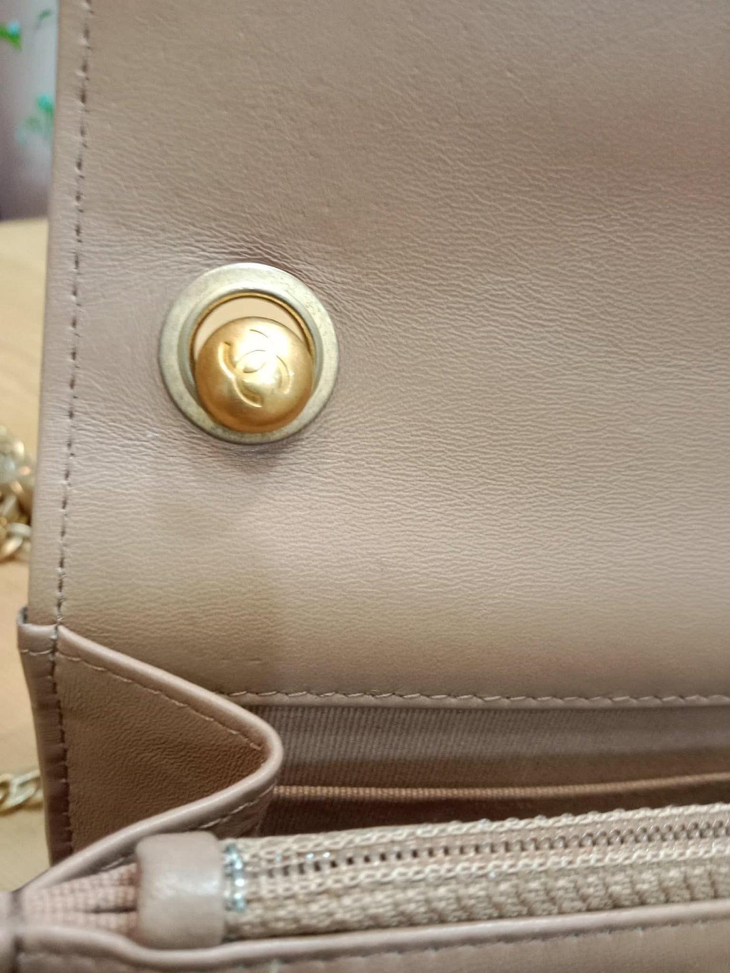 Chanel Quilted Wallet On Chain Lambskin Beige Microchipped