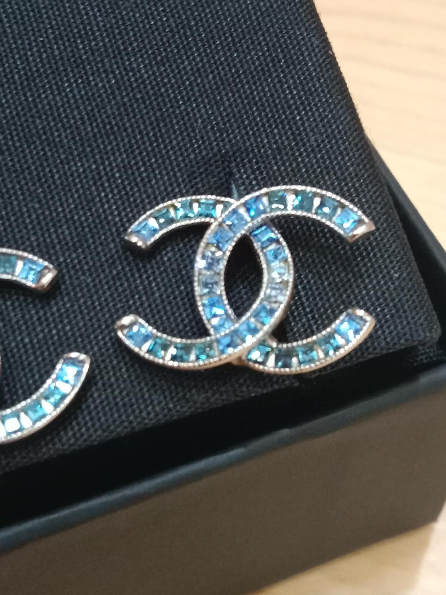 Chanel CC Silver Blue Princess Crystal Stud Earrings