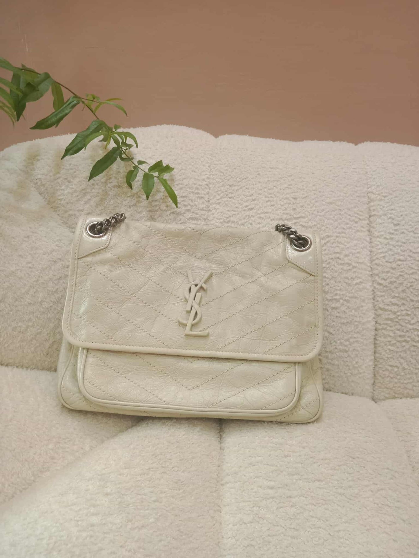 Saint Laurent Niki Medium Shoulder Bag in White Quilted Calfskin