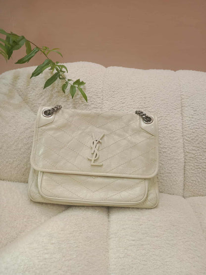 Saint Laurent Niki Medium Shoulder Bag in White Quilted Calfskin